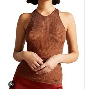 Ted Baker Felissa Tank Top Size 2 Knit Copper Metallic Ribbed Halter Sleeveless